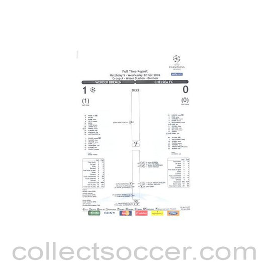 2006 - Werder Bremen v Chelsea Full Time Report, Full Time Summary, Summary Results & League Tables & Tot Scorers 22/11/2006 Champions League