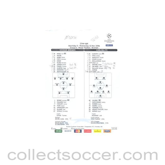 2006 - Werder Bremen v Chelsea line-ups 22/11/2006 Champions League, written on