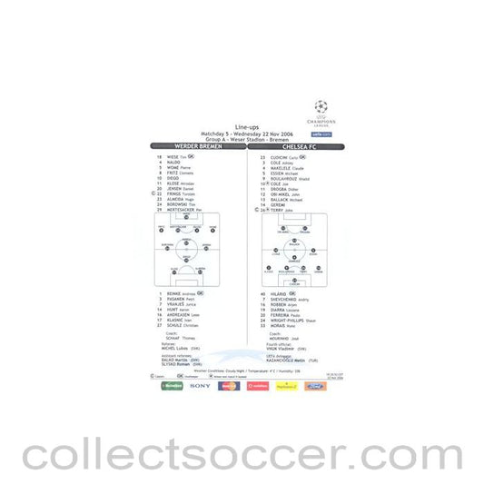 2006 - Werder Bremen v Chelsea line-ups 22/11/2006 Champions League