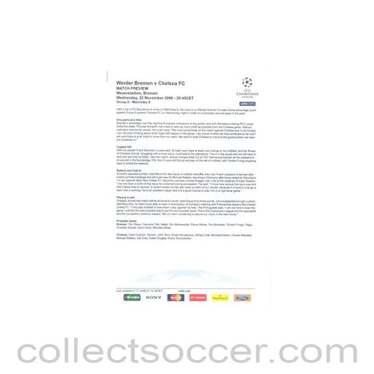 2006 - Werder Bremen v Chelsea press pack 22/11/2006 Champions League