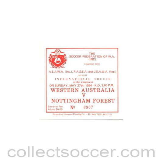 1984 - Western Australia v Nottingham Forest ticket 27/05/1984