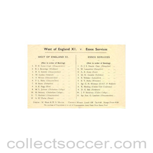 West of England XI v Essex Services cricket teamsheet