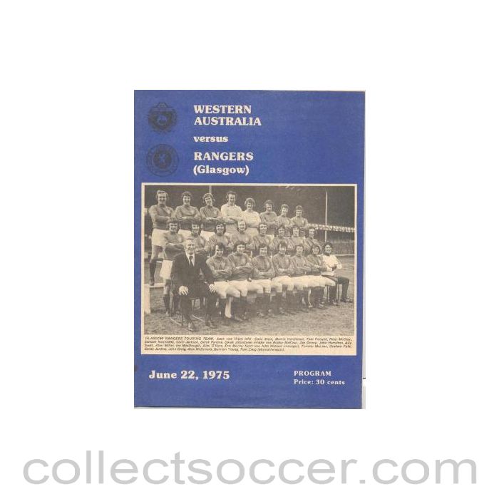 1975 - In Australia - Western Australia v Glasgow Rangers official programme 22/06/1975