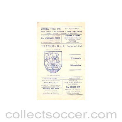 1969 - Weymouth v Wimbledon official programme 20/12/1969