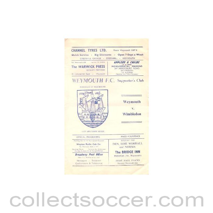 1969 - Weymouth v Wimbledon official programme 20/12/1969