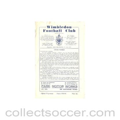 1959 - Wimbledon v Addlestone official programme 12/12/1959