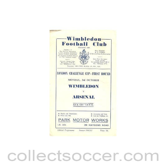 1960 - Wimbledon v Arsenal London Challenge Cup official programme 03/10/1960