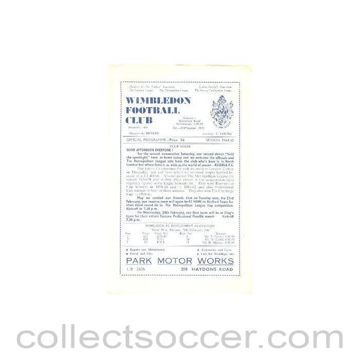 1965 - Wimbledon v Arsenal official programme 20/02/1965