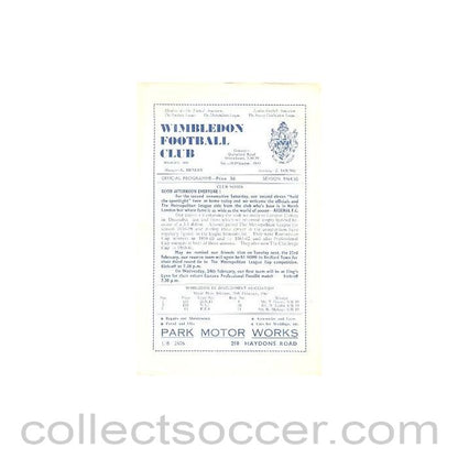 1965 - Wimbledon v Arsenal official programme 20/02/1965