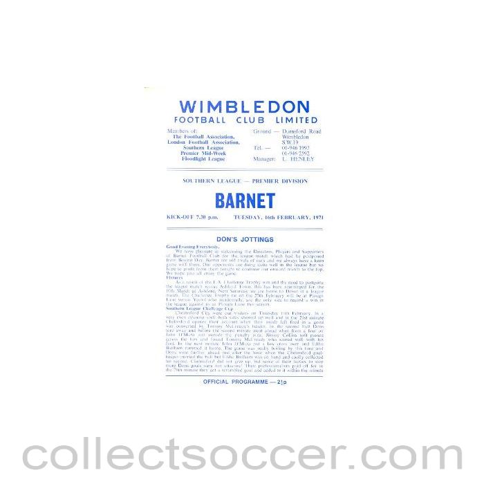 1971 - Wimbledon v Barnet official programme 16/02/1971