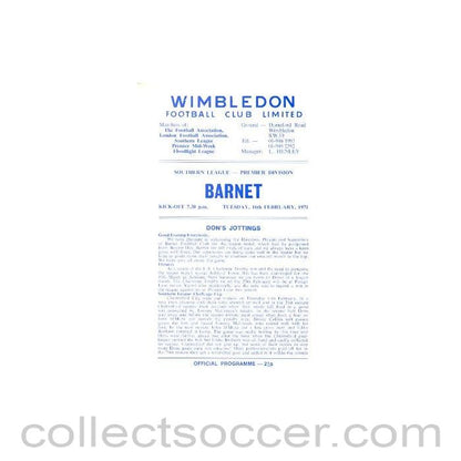 1971 - Wimbledon v Barnet official programme 16/02/1971