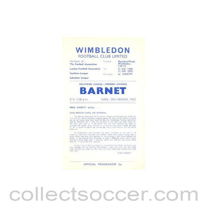 1972 - Wimbledon v Barnet official programme 28/03/1972