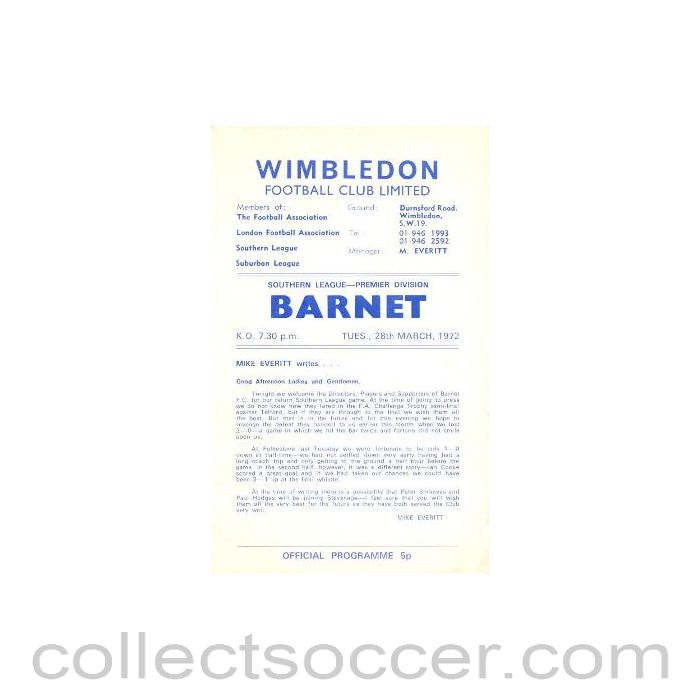 1972 - Wimbledon v Barnet official programme 28/03/1972