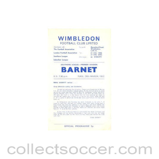 1972 - Wimbledon v Barnet official programme 28/03/1972