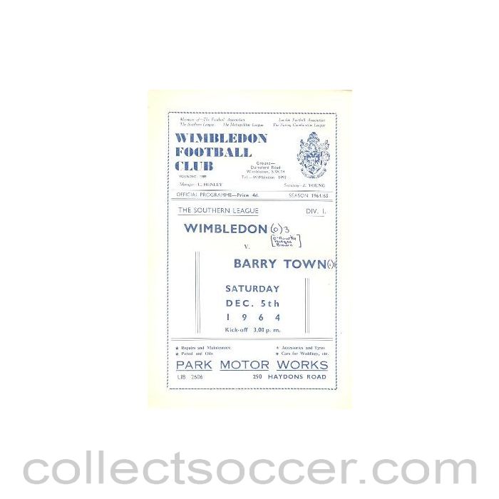 1964 - Wimbledon v Barry Town official programme 05/12/1964