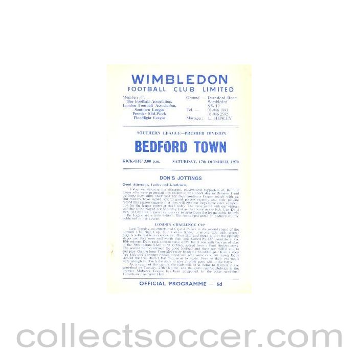 1970 - Wimbledon v Bedford Town official programme 17/10/1970