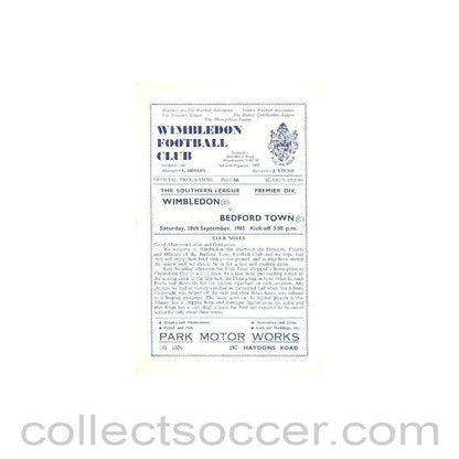 1965 - Wimbledon v Bedford Town official programme 18/09/1965