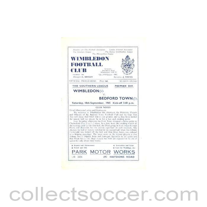 1965 - Wimbledon v Bedford Town official programme 18/09/1965