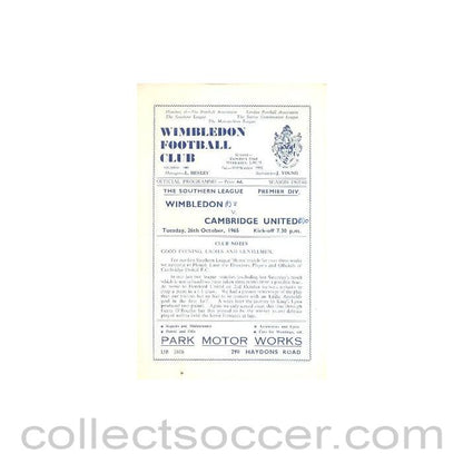 1965 - Wimbledon v Cambridge United official programme 26/10/1965