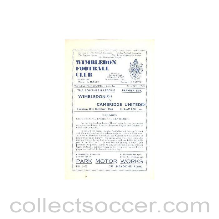1965 - Wimbledon v Cambridge United official programme 26/10/1965