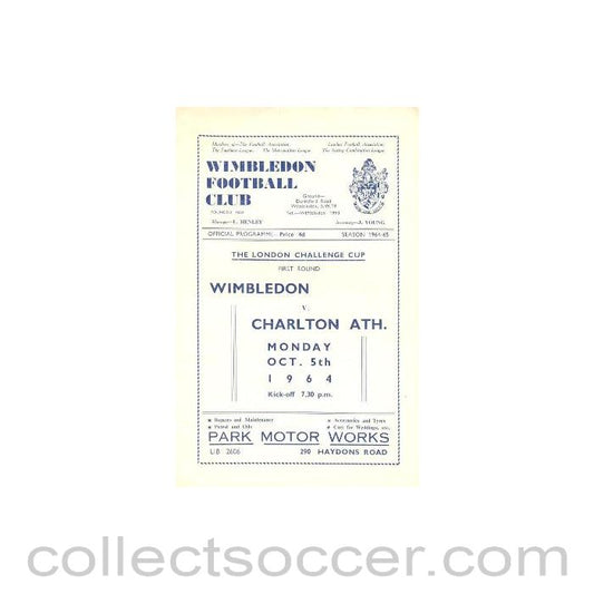 1964 - Wimbledon v Charlton Athletic official programme 05/10/1964