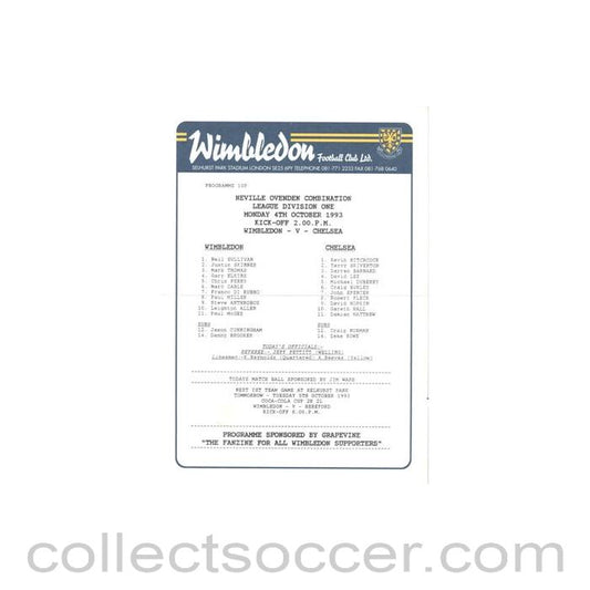 1993 - Wimbledon v Chelsea official colour teamsheet 04/10/1993 Neville Ovden Combination League Divizion 1
