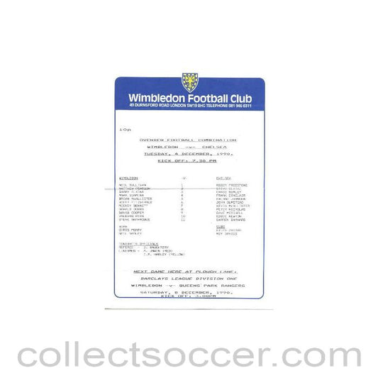 1990 - Wimbledon v Chelsea official teamsheet 04/12/1990