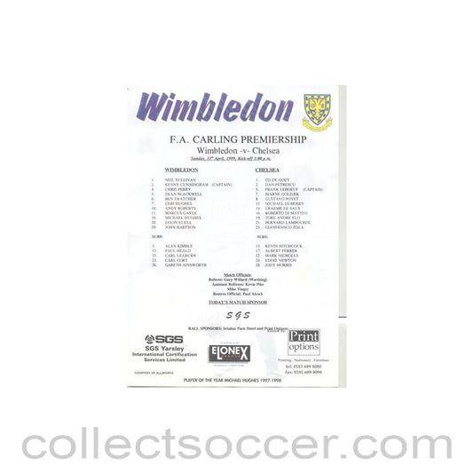 1999 - Wimbledon v Chelsea teamsheet 11/04/1999 Carling Premiership