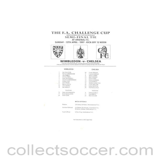 1997 - Wimbledon v Chelsea official teamsheet 13/04/1997 F.A. Cup Semi-Final