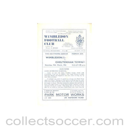 1966 - Wimbledon v Cheltenham Town official programme 19/03/1966