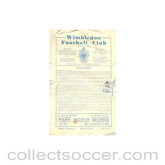1958 - Wimbledon v Corinthian-Casuals official programme 13/12/1958