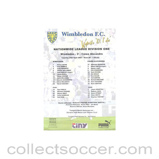 2001 - Wimbledon v Crewe Alexandra official colour teamsheet 24/04/2001 Football League