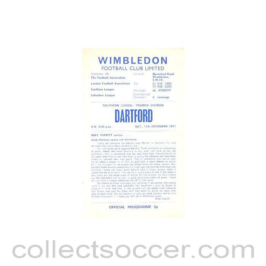 1971 - Wimbledon v Dartford official programme 11/12/1971