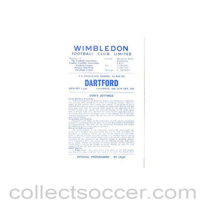 1971 - Wimbledon v Dartford official programme 16/01/1971