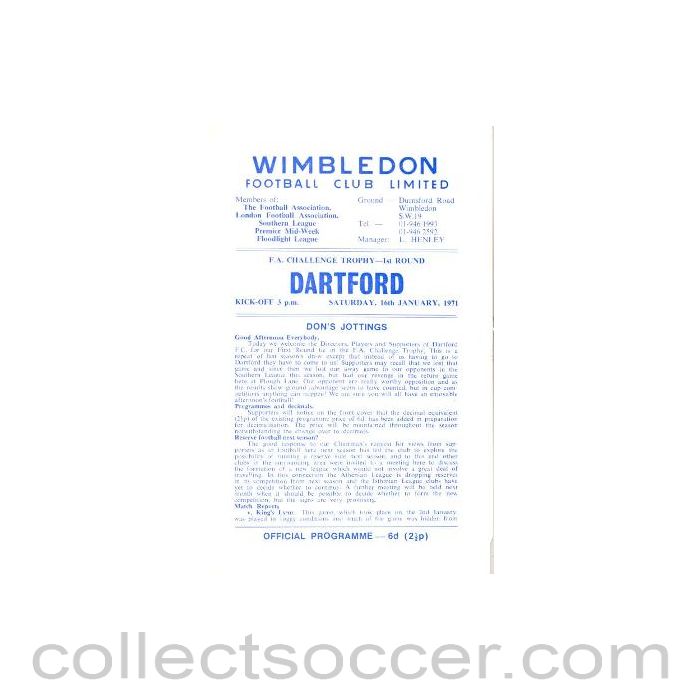 1971 - Wimbledon v Dartford official programme 16/01/1971