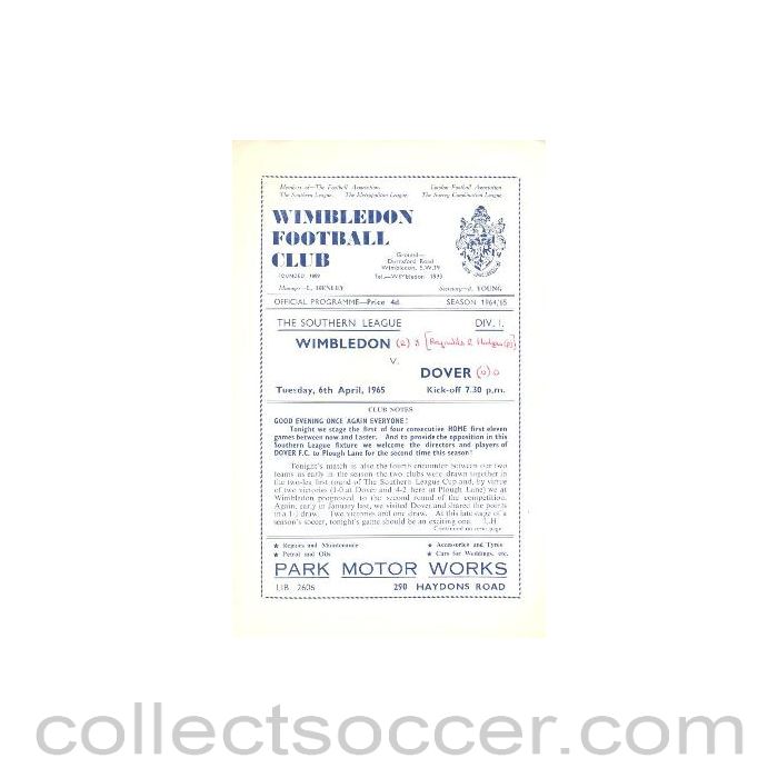 1965 - Wimbledon v Dover official programme 06/04/1965