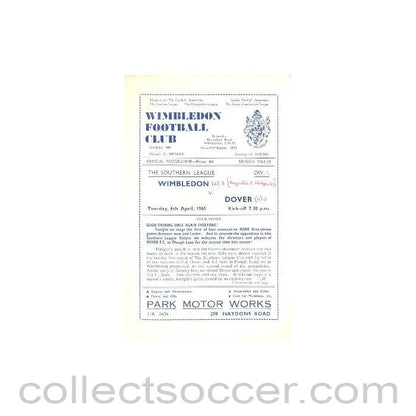 1965 - Wimbledon v Dover official programme 06/04/1965