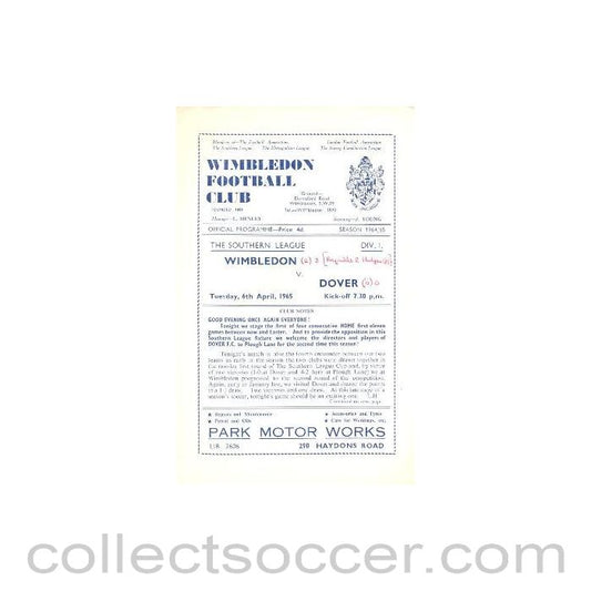 1965 - Wimbledon v Dover official programme 06/04/1965