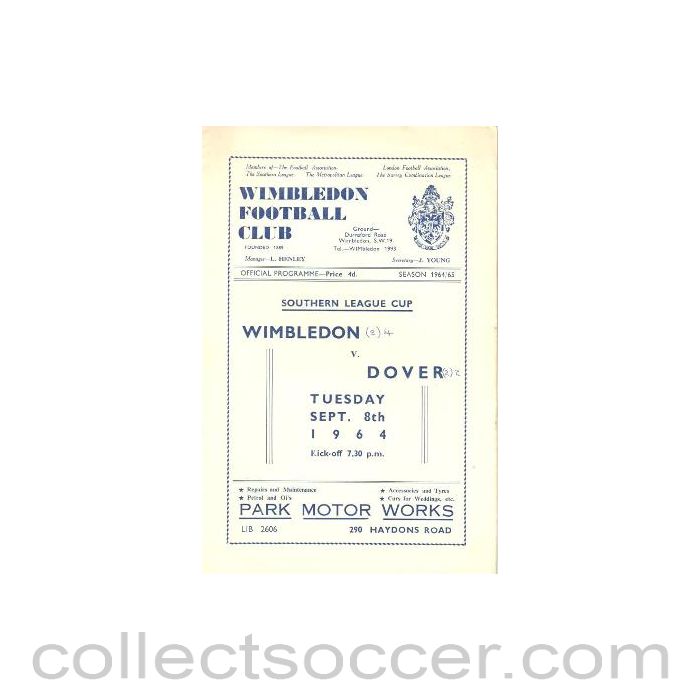 1964 - Wimbledon v Dover official programme 08/09/1964
