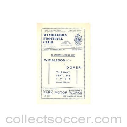 1964 - Wimbledon v Dover official programme 08/09/1964