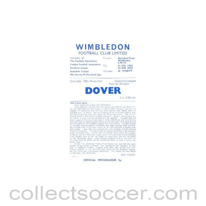 1972 - Wimbledon v Dover official programme 18/11/1972