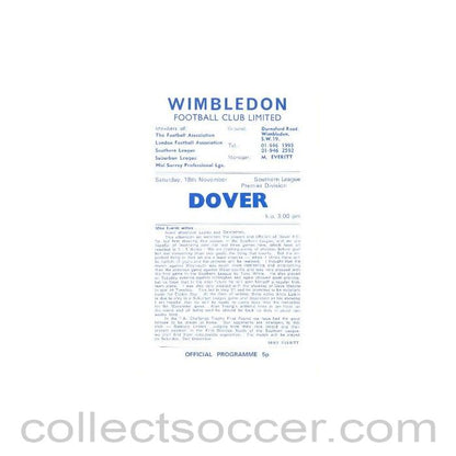 1972 - Wimbledon v Dover official programme 18/11/1972
