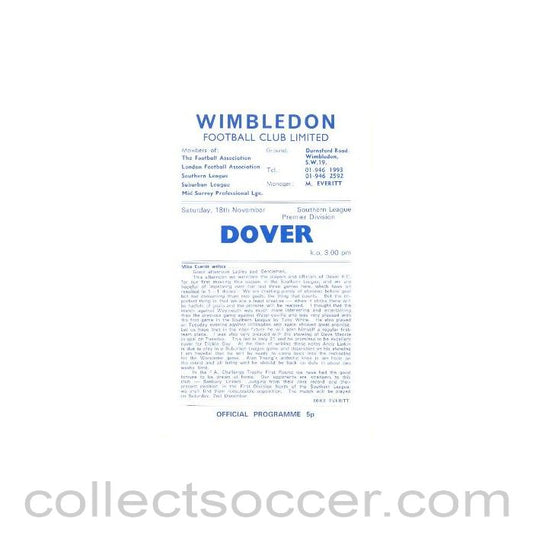 1972 - Wimbledon v Dover official programme 18/11/1972
