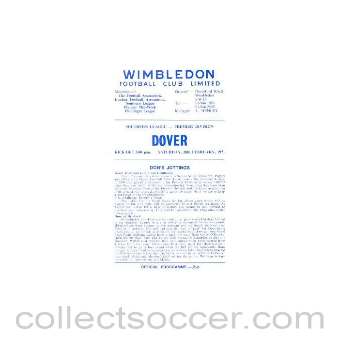 1971 - Wimbledon v Dover official programme 20/02/1971