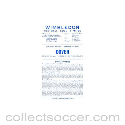 1971 - Wimbledon v Dover official programme 20/02/1971