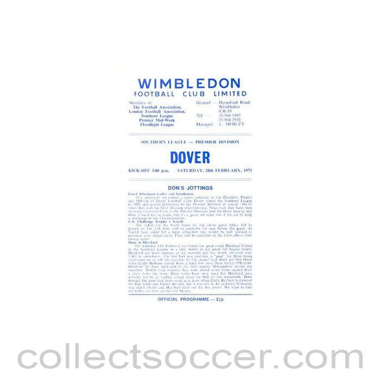 1971 - Wimbledon v Dover official programme 20/02/1971