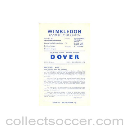 1972 - Wimbledon v Dover official programme 25/03/1972