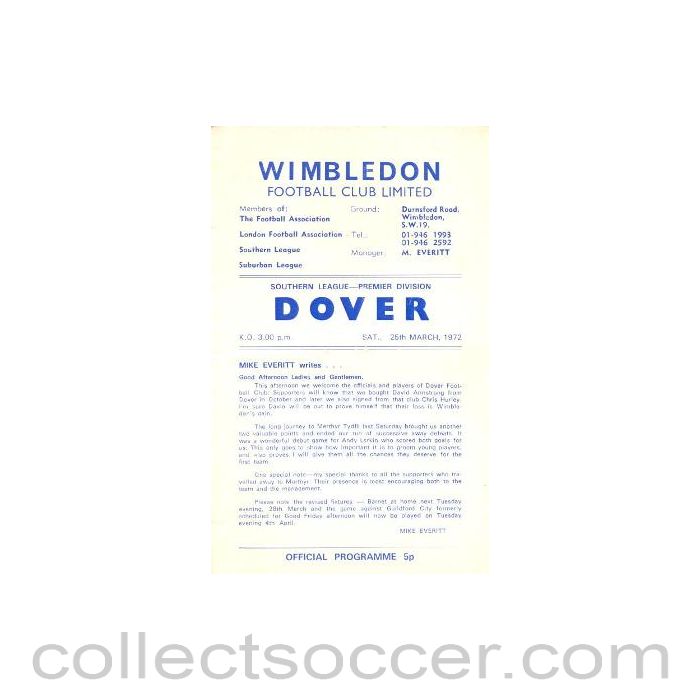 1972 - Wimbledon v Dover official programme 25/03/1972