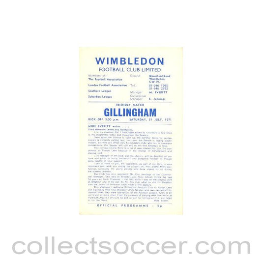 1971 - Wimbledon v Gillingham official programme 31/07/1971