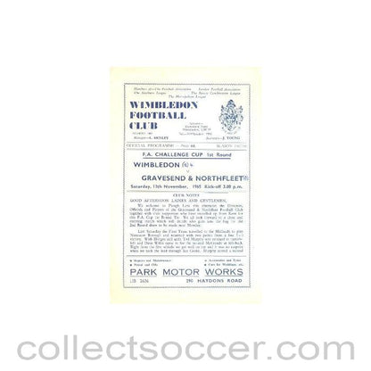 1965 - Wimbledon v Gravesend & Northfleet official programme 13/11/1965